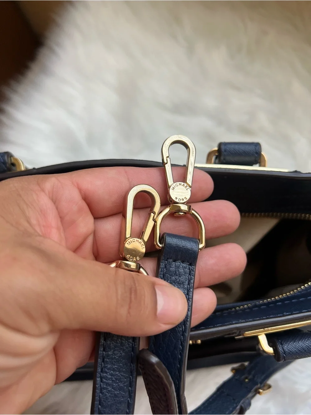 Michael Kors Navy Saffiano Satchel with Gold Hardware